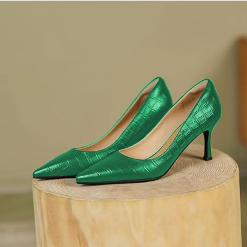 Pointed Toe Green Croc-Embossed Mid Heel Pumps
